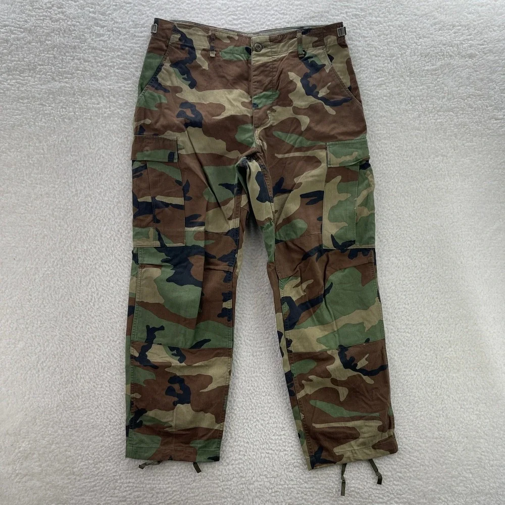 VTG Military BDU Pants Mens Medium Short Green Brown Woodland Camo Cargo Canvas